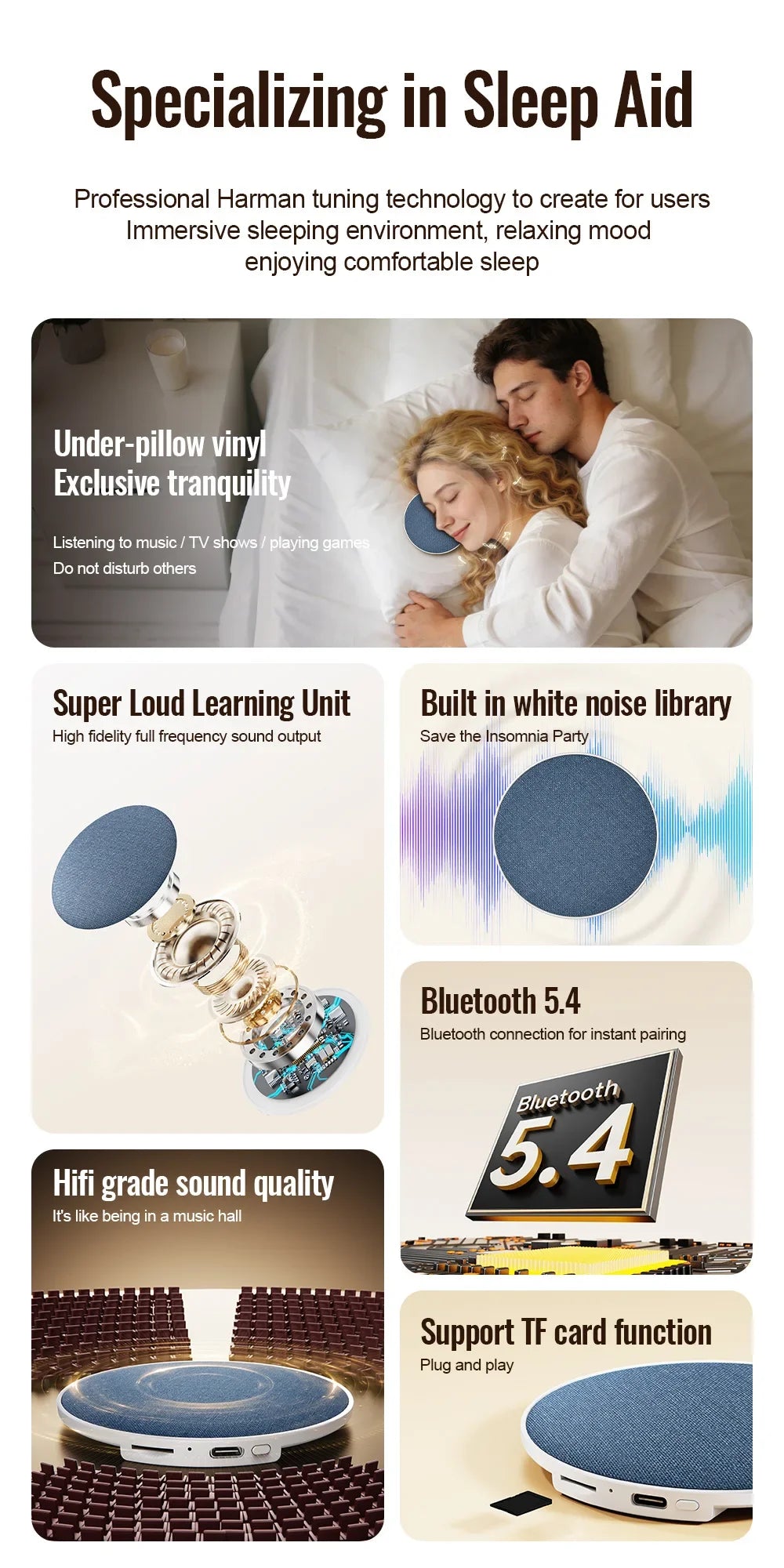 Wireless Pillow Speaker Sleep Aid 360° Surround Sound Bluetooth 5.4  HiFi Stereo Sound Private Audio No Disturb Partner2026 New